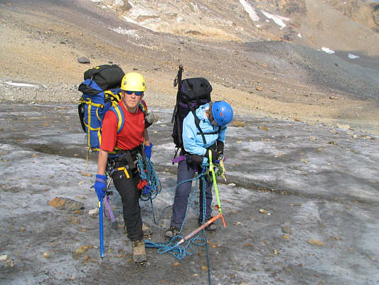 Chris and Eddie lent Kelly a rather monstrous-looking ice axe!