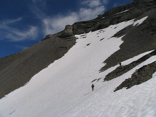 The snow was a bit too soft for climbing efficiently.  It was better to go up the scree.
