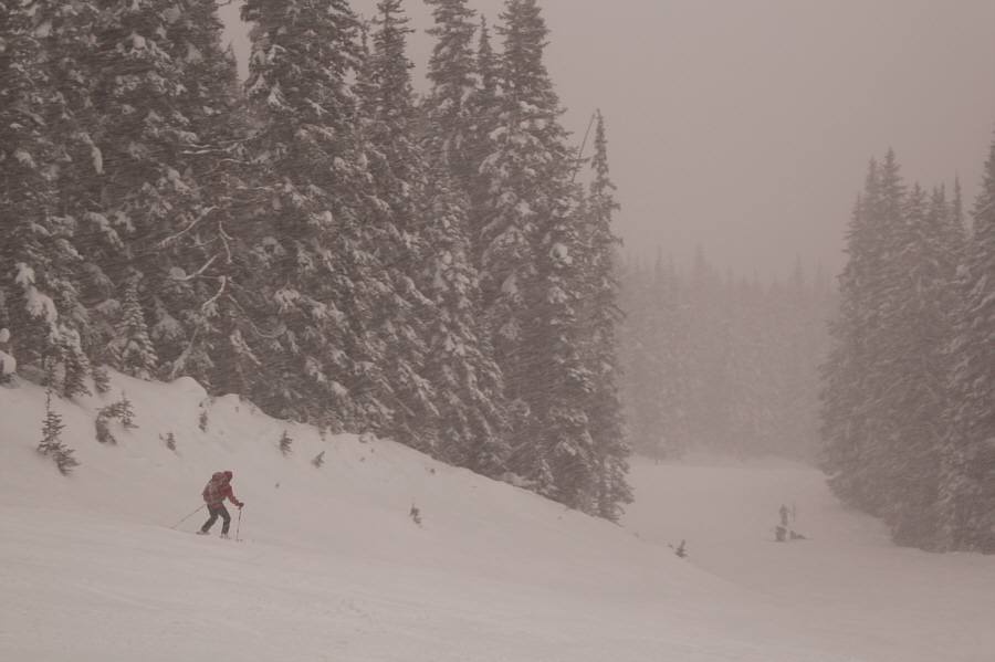 Śnieg pada ciężko jak Zosia robi sobie drogę w dł stoku narciarskiego.