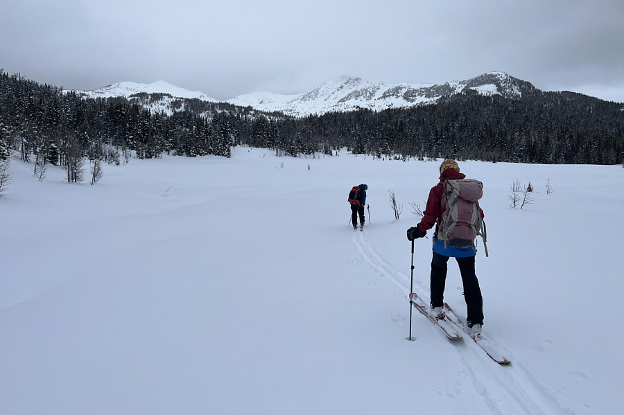 About 7.5 hours into the ski tour, we finally get to take our skins off for the first time! Yikes!