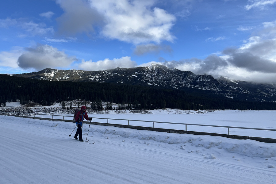 Might be our first time skiing across a dam!