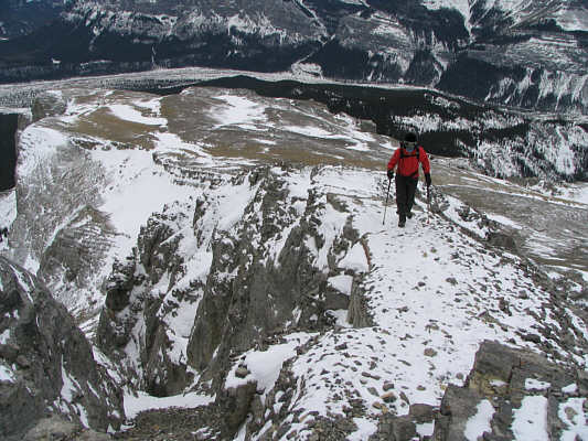 Very similar to the crux on Mount Rundle.  Watch your step if it's snowy and/or windy!