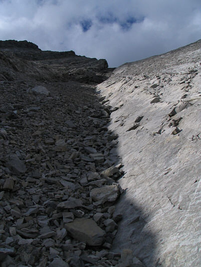 Go up slabs, come down scree.