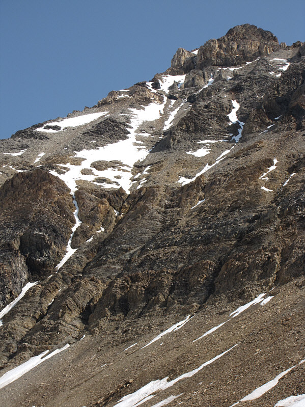 The elevation gain to the summit from the foot of the face is about 500 metres.