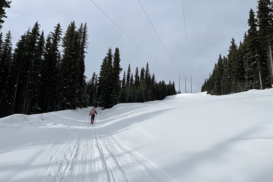It took us 1:22 to ski 4.7 kilometres with 230 metres elevation gain from the cabin to the pass.