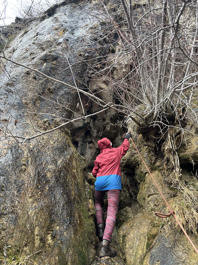 A bit of "aid-scrambling" is needed to get into the cave.